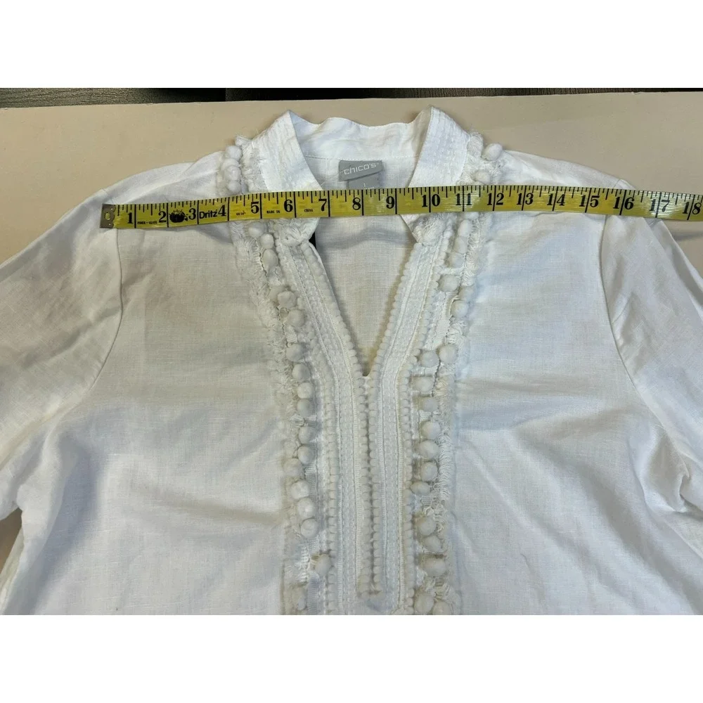 Chico's SZ 1 White Linen Tunic Top Pompom + Fringe Accented‎ V-Neck 3/4 Sleeves